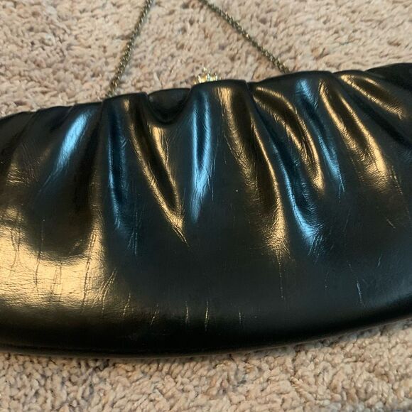 Vintage Black Clutch Snap Leather Bag Shoulder Purse Small Gold Chain - Picture 2 of 7